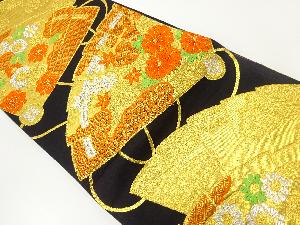 アンティーク　檜扇に菊・梅・楓模様織出し袋帯（材料）